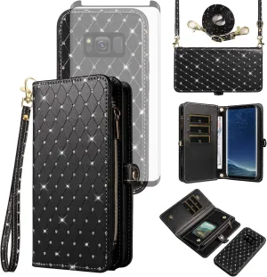 Asuwish Phone Case for Samsung Galaxy S8 Zipper Wallet Detachable Cell Cover with Tempered Glass Screen Protector Crossbody Lanyard Strap Glitter Flip Card Holder Slot S 8 8S Edge SM-G950U Women Black