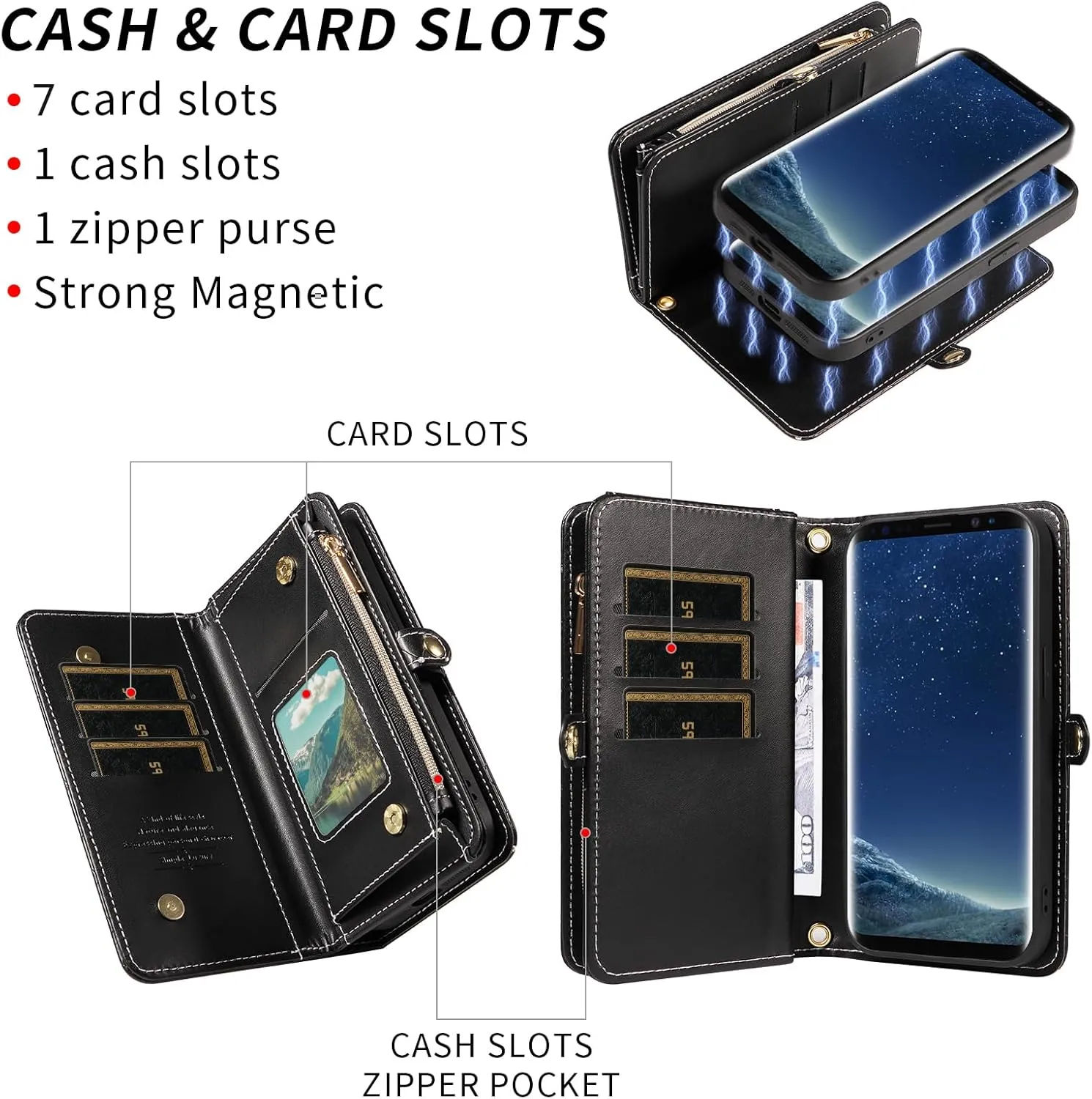 Asuwish Phone Case for Samsung Galaxy S8 Zipper Wallet Detachable Cell Cover with Tempered Glass Screen Protector Crossbody Lanyard Strap Glitter Flip Card Holder Slot S 8 8S Edge SM-G950U Women Black
