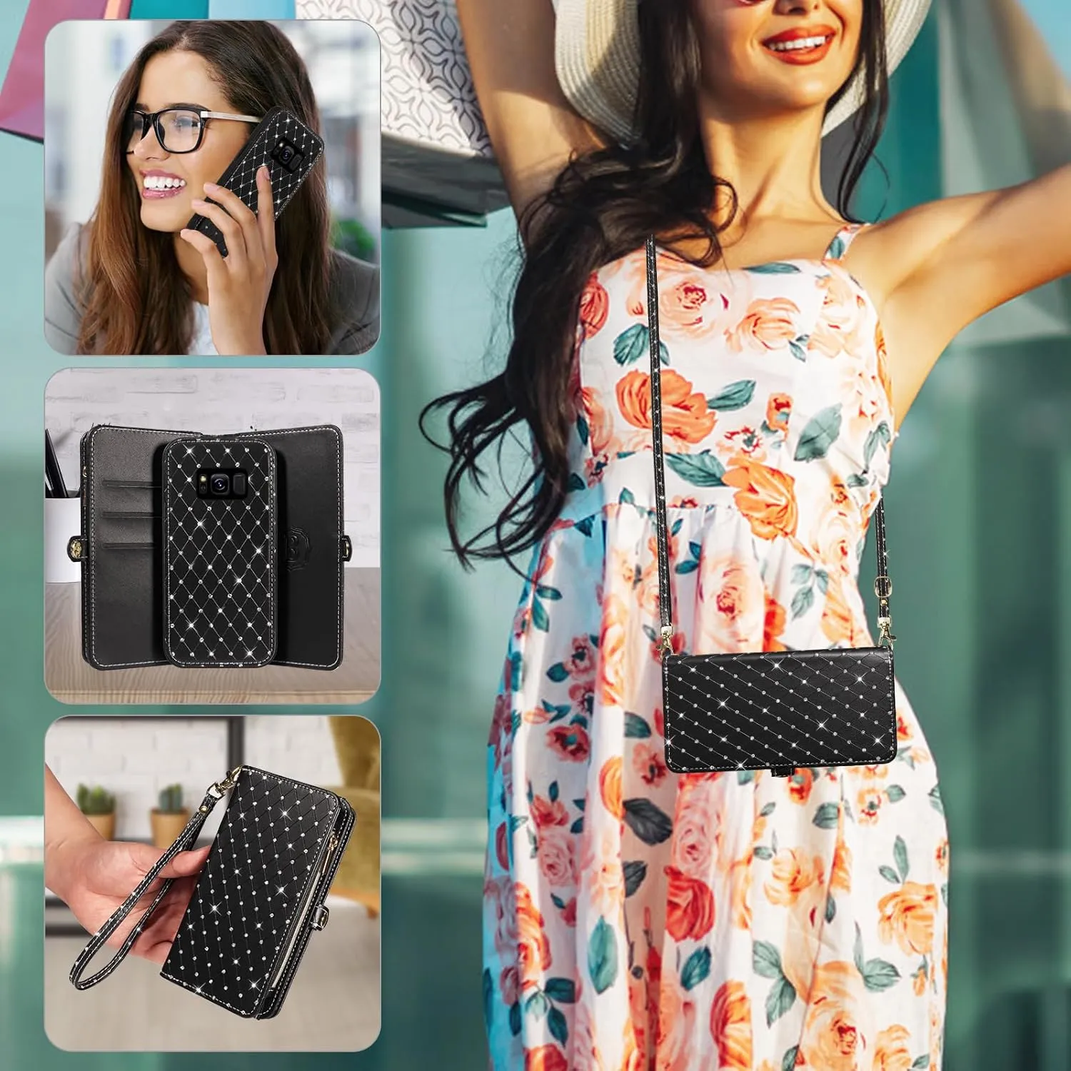Asuwish Phone Case for Samsung Galaxy S8 Zipper Wallet Detachable Cell Cover with Tempered Glass Screen Protector Crossbody Lanyard Strap Glitter Flip Card Holder Slot S 8 8S Edge SM-G950U Women Black