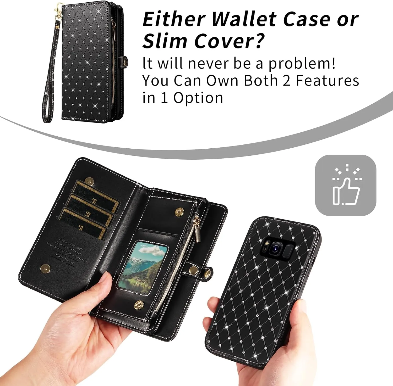 Asuwish Phone Case for Samsung Galaxy S8 Zipper Wallet Detachable Cell Cover with Tempered Glass Screen Protector Crossbody Lanyard Strap Glitter Flip Card Holder Slot S 8 8S Edge SM-G950U Women Black