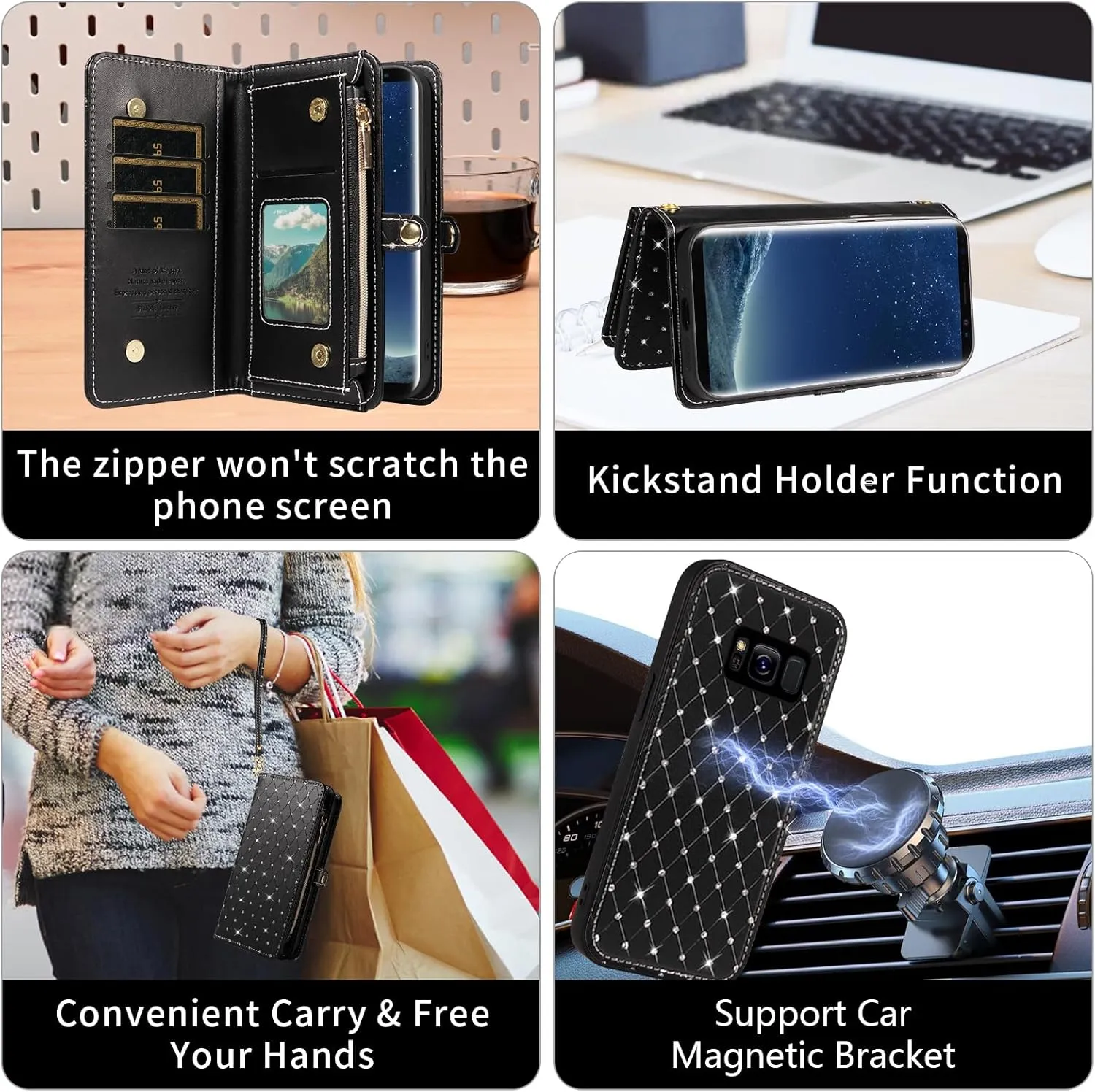 Asuwish Phone Case for Samsung Galaxy S8 Zipper Wallet Detachable Cell Cover with Tempered Glass Screen Protector Crossbody Lanyard Strap Glitter Flip Card Holder Slot S 8 8S Edge SM-G950U Women Black