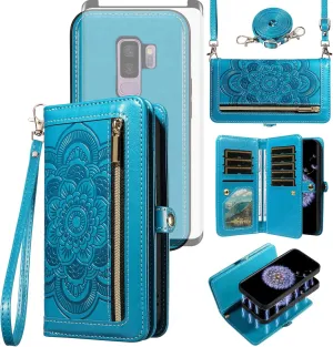 Asuwish Phone Case for Samsung Galaxy S9 Plus Zipper Wallet Magnetic Detachable Cell Cover with Tempered Glass Screen Protector Crossbody Strap Flower Card Holder S9  9S 9  S 9 9plus S9plus Women Blue