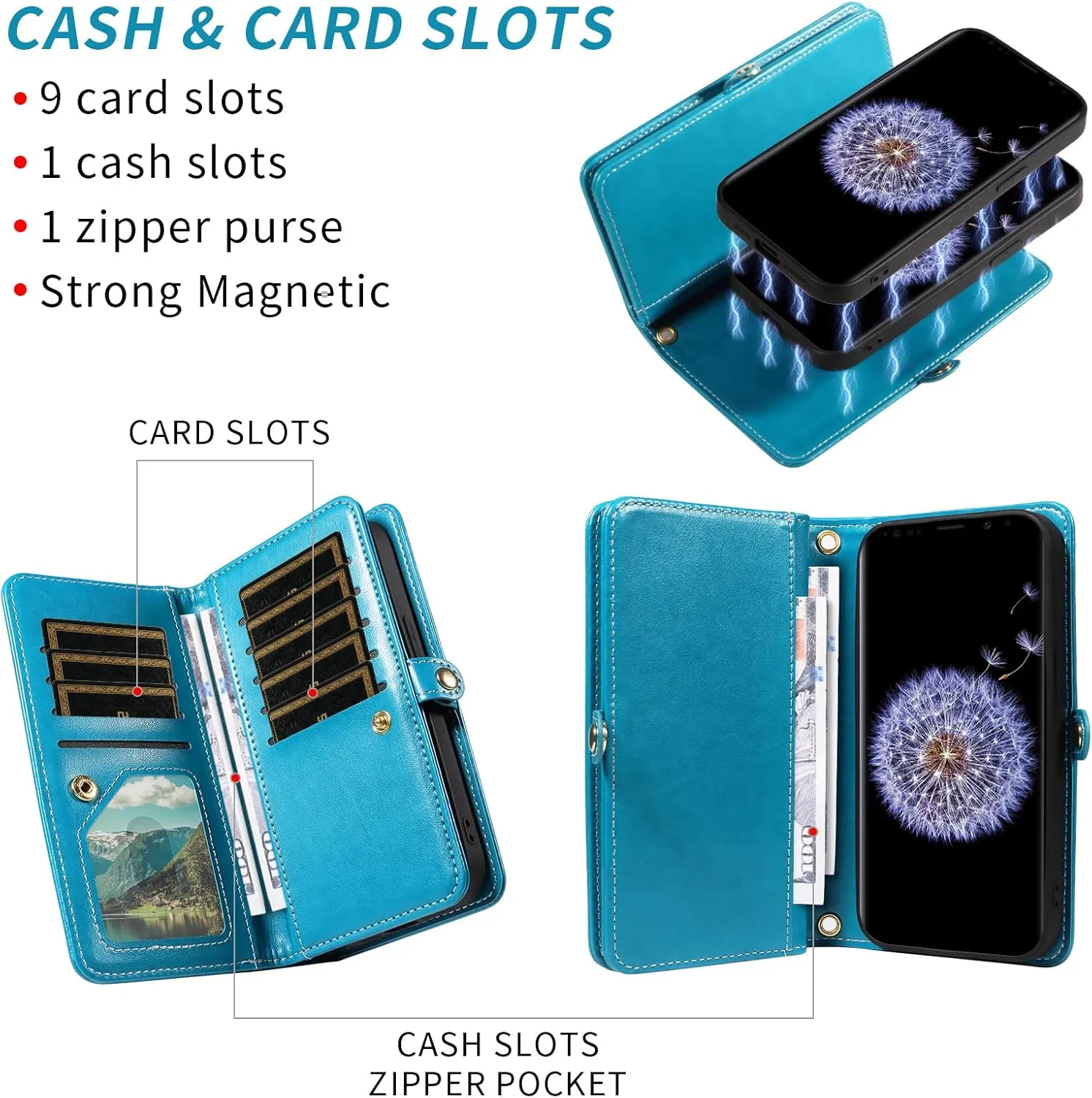 Asuwish Phone Case for Samsung Galaxy S9 Plus Zipper Wallet Magnetic Detachable Cell Cover with Tempered Glass Screen Protector Crossbody Strap Flower Card Holder S9  9S 9  S 9 9plus S9plus Women Blue