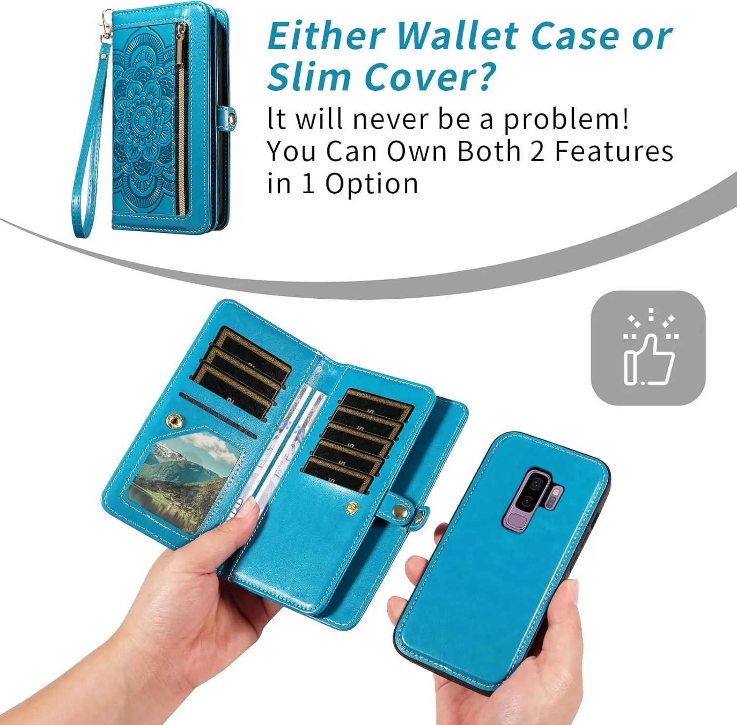 Asuwish Phone Case for Samsung Galaxy S9 Plus Zipper Wallet Magnetic Detachable Cell Cover with Tempered Glass Screen Protector Crossbody Strap Flower Card Holder S9  9S 9  S 9 9plus S9plus Women Blue