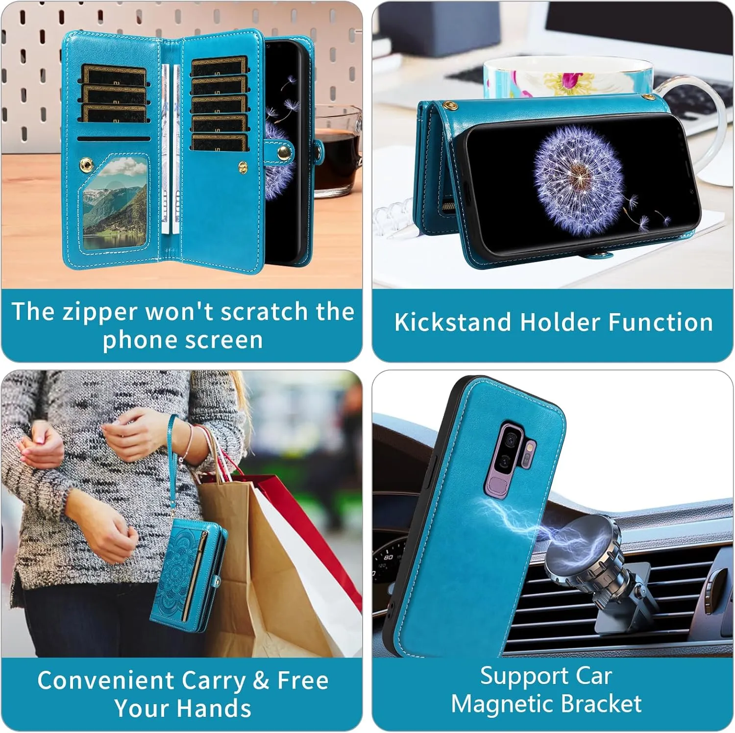 Asuwish Phone Case for Samsung Galaxy S9 Plus Zipper Wallet Magnetic Detachable Cell Cover with Tempered Glass Screen Protector Crossbody Strap Flower Card Holder S9  9S 9  S 9 9plus S9plus Women Blue