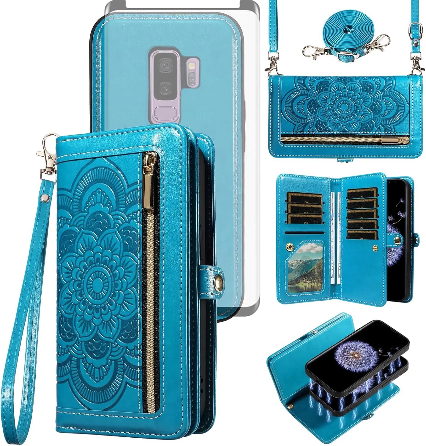 Asuwish Phone Case for Samsung Galaxy S9 Plus Zipper Wallet Magnetic Detachable Cell Cover with Tempered Glass Screen Protector Crossbody Strap Flower Card Holder S9  9S 9  S 9 9plus S9plus Women Blue