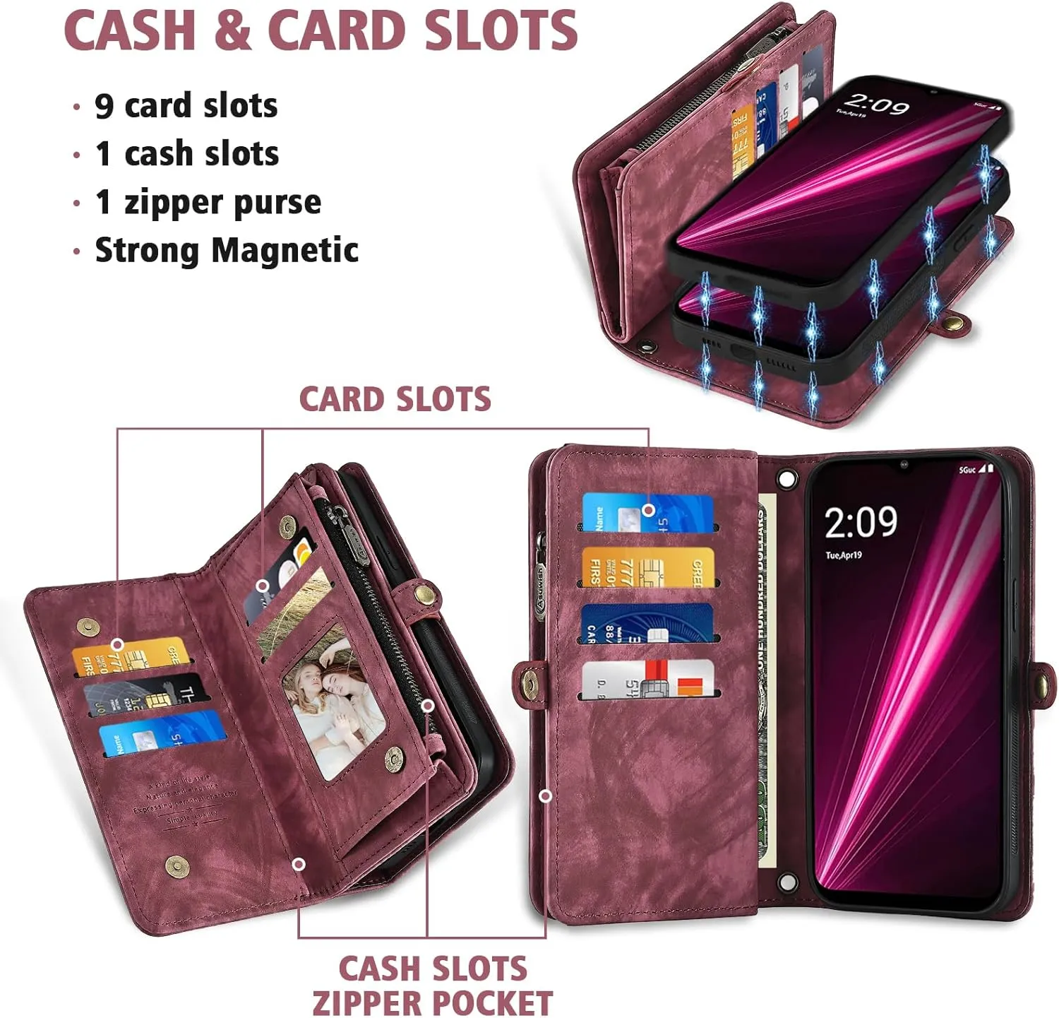 Asuwish Phone Case for T-Mobile Revvl 6/6X 5G Zipper Wallet Cell Cover with Screen Protector Strap Flip Card Holder Tmobile Revvl6 X Revvl6X T Mobile Revvl6X5G Revel Tmo Revell Rebel TCL Women Men Red
