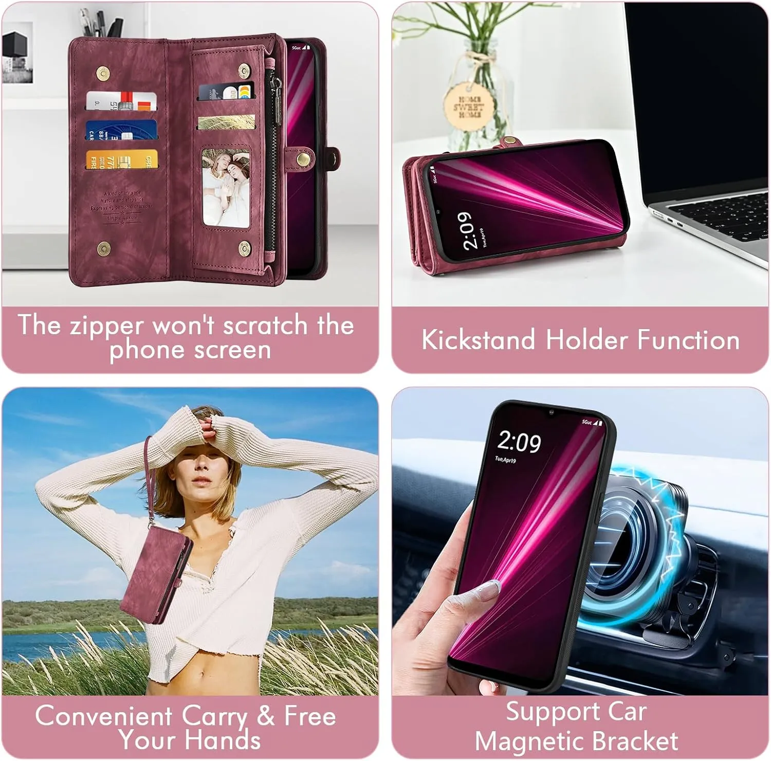 Asuwish Phone Case for T-Mobile Revvl 6/6X 5G Zipper Wallet Cell Cover with Screen Protector Strap Flip Card Holder Tmobile Revvl6 X Revvl6X T Mobile Revvl6X5G Revel Tmo Revell Rebel TCL Women Men Red