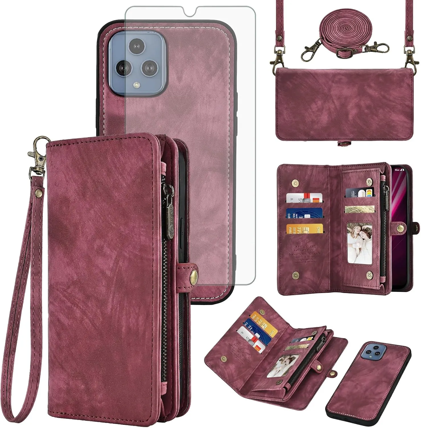 Asuwish Phone Case for T-Mobile Revvl 6/6X 5G Zipper Wallet Cell Cover with Screen Protector Strap Flip Card Holder Tmobile Revvl6 X Revvl6X T Mobile Revvl6X5G Revel Tmo Revell Rebel TCL Women Men Red