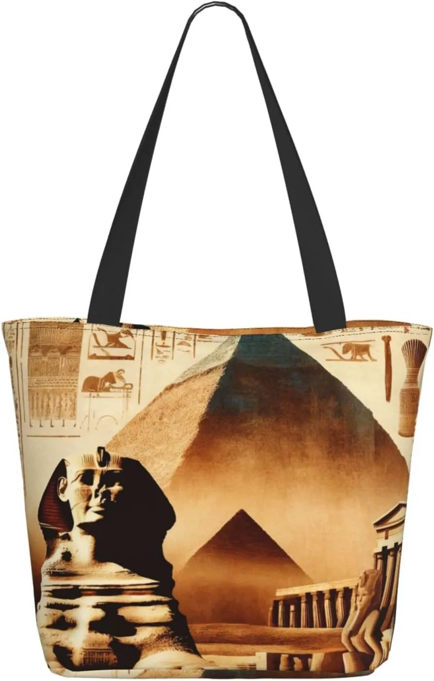 Augenstern Women Shoulder Bag Ancient-Egyptian-Civilization-Sphinx Foldable Tote Bag With Zipper Closure Casual Shopping Purse Daily Bag