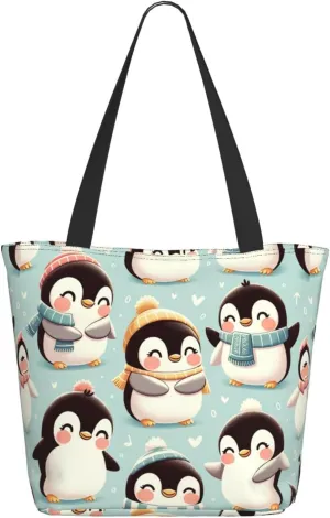 Augenstern Women Shoulder Bag Cute-Emperor-Penguin Foldable Tote Bag With Zipper Closure Casual Shopping Purse Daily Bag