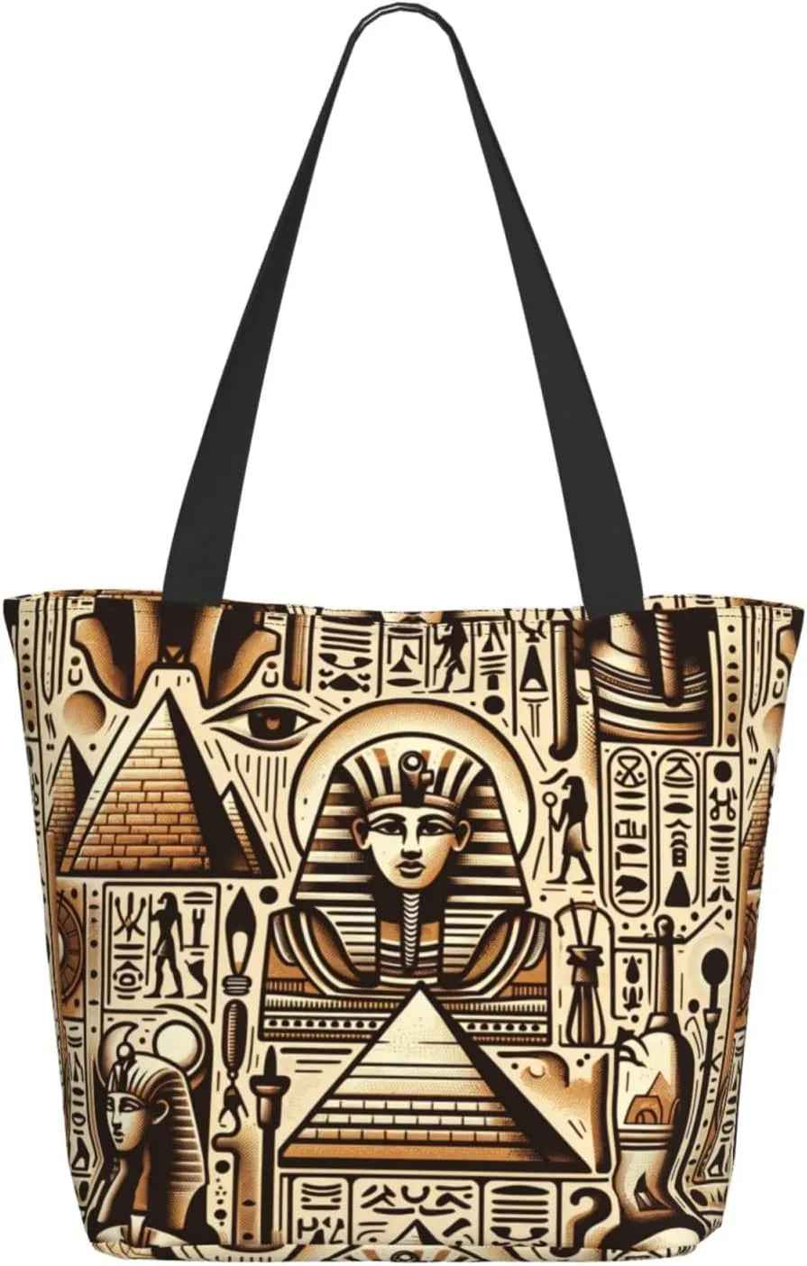 Augenstern Women Shoulder Bag Egypt-Hieroglyphs-Pharaoh-Vintage Foldable Tote Bag With Zipper Closure Casual Shopping Purse Daily Bag