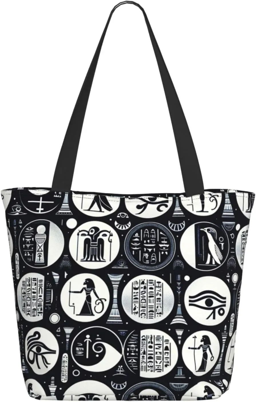 Augenstern Women Shoulder Bag Hieroglyphics-All-See-Eye-Egyptian Foldable Tote Bag With Zipper Closure Casual Shopping Purse Daily Bag