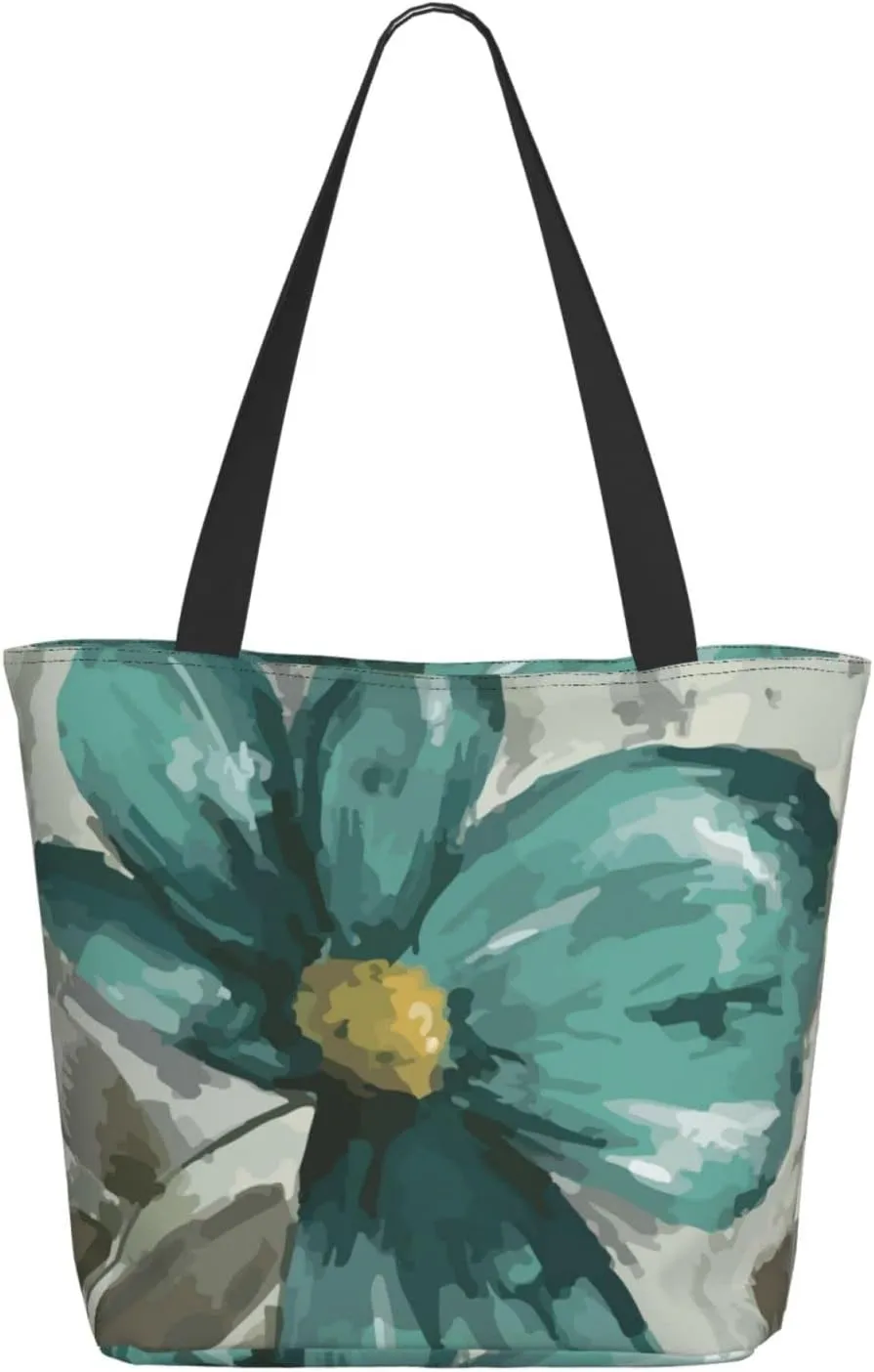 Augenstern Women Shoulder Bag Teal-Grey-Vintage-Flower-Petal Foldable Tote Bag With Zipper Closure Casual Shopping Purse Daily Bag