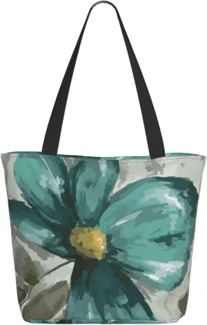 Augenstern Women Shoulder Bag Teal-Grey-Vintage-Flower-Petal Foldable Tote Bag With Zipper Closure Casual Shopping Purse Daily Bag