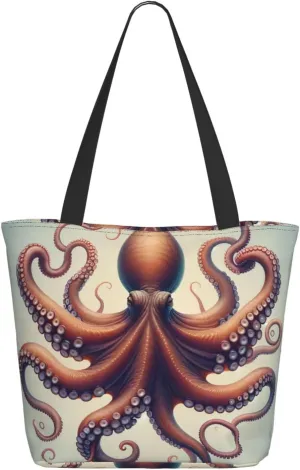 Augenstern Women Shoulder Bag Tentacles-Marine-Inkfish Foldable Tote Bag With Zipper Closure Casual Shopping Purse Daily Bag
