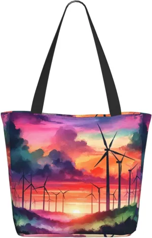 Augenstern Women Shoulder Bag Watercolor-Wind-Turbines Foldable Tote Bag With Zipper Closure Casual Shopping Purse Daily Bag