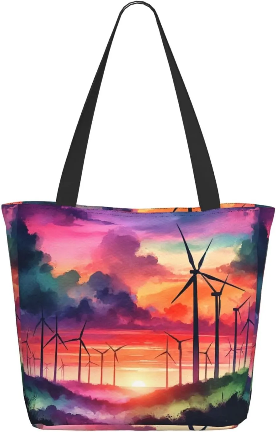 Augenstern Women Shoulder Bag Watercolor-Wind-Turbines Foldable Tote Bag With Zipper Closure Casual Shopping Purse Daily Bag