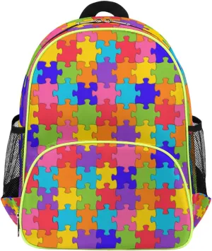 Autism Awareness Kids Backpack for Boys Girls, Jigsaws Toddler Backpack 14.2 In, Waterproof Casual Daypack Preschool Backpack Kindergarten School Mini Bookbag with Chest Strap