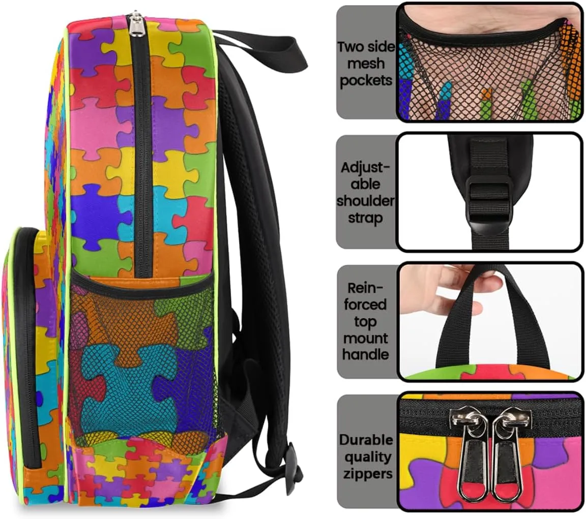 Autism Awareness Kids Backpack for Boys Girls, Jigsaws Toddler Backpack 14.2 In, Waterproof Casual Daypack Preschool Backpack Kindergarten School Mini Bookbag with Chest Strap