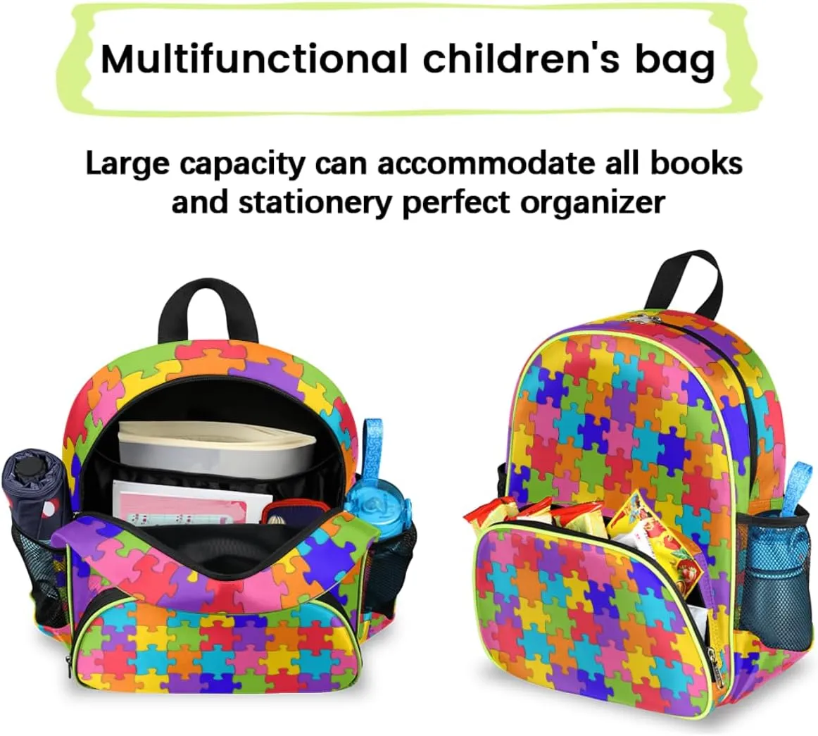 Autism Awareness Kids Backpack for Boys Girls, Jigsaws Toddler Backpack 14.2 In, Waterproof Casual Daypack Preschool Backpack Kindergarten School Mini Bookbag with Chest Strap