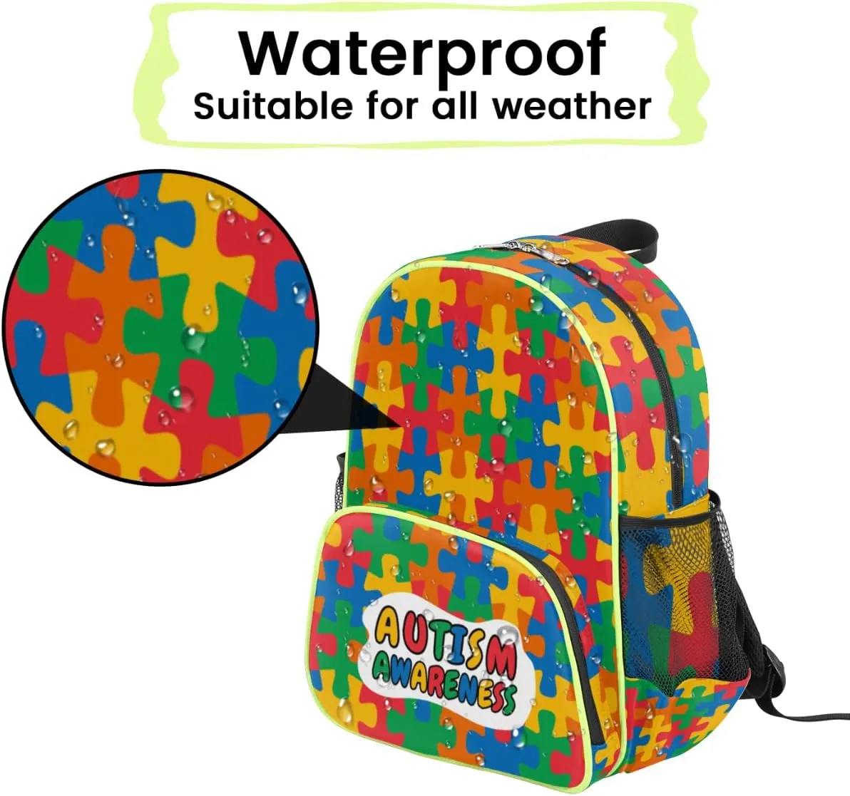 Autism Awareness Kids Backpack for Boys Girls, Unique Autism Toddler Backpack 14.2 In, Waterproof Casual Daypack Preschool Backpack Kindergarten School Mini Bookbag with Chest Strap