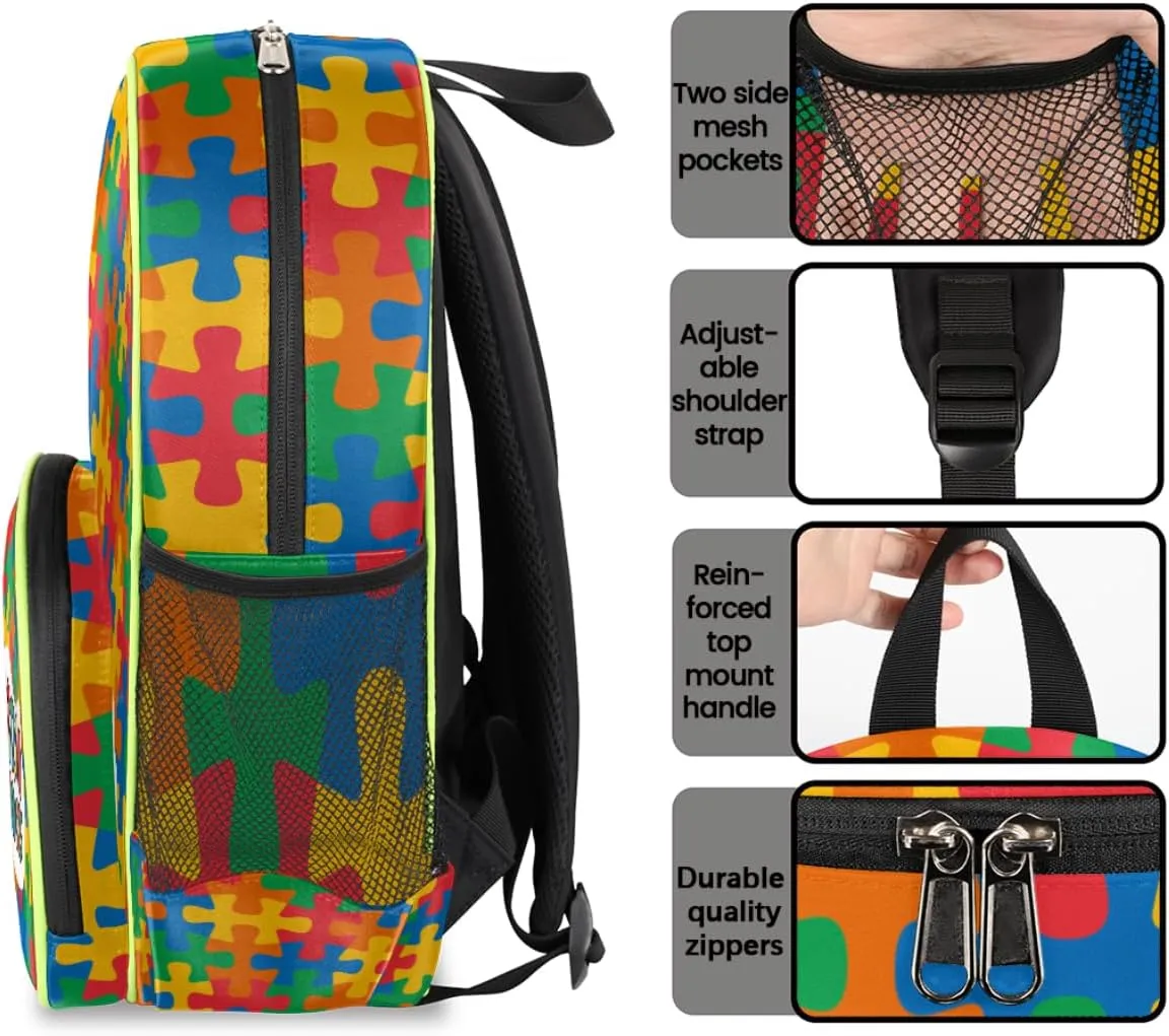 Autism Awareness Kids Backpack for Boys Girls, Unique Autism Toddler Backpack 14.2 In, Waterproof Casual Daypack Preschool Backpack Kindergarten School Mini Bookbag with Chest Strap