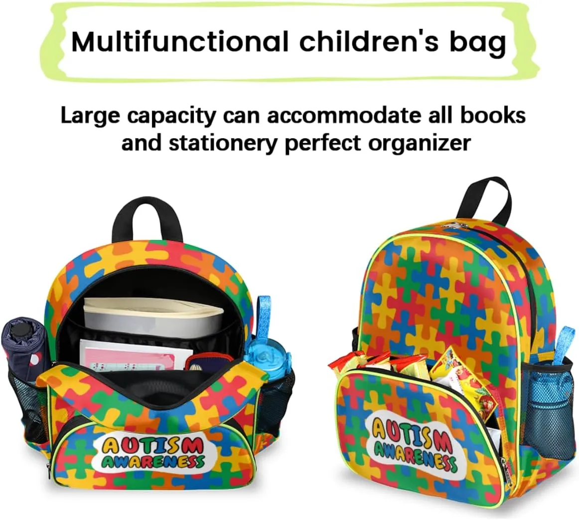 Autism Awareness Kids Backpack for Boys Girls, Unique Autism Toddler Backpack 14.2 In, Waterproof Casual Daypack Preschool Backpack Kindergarten School Mini Bookbag with Chest Strap