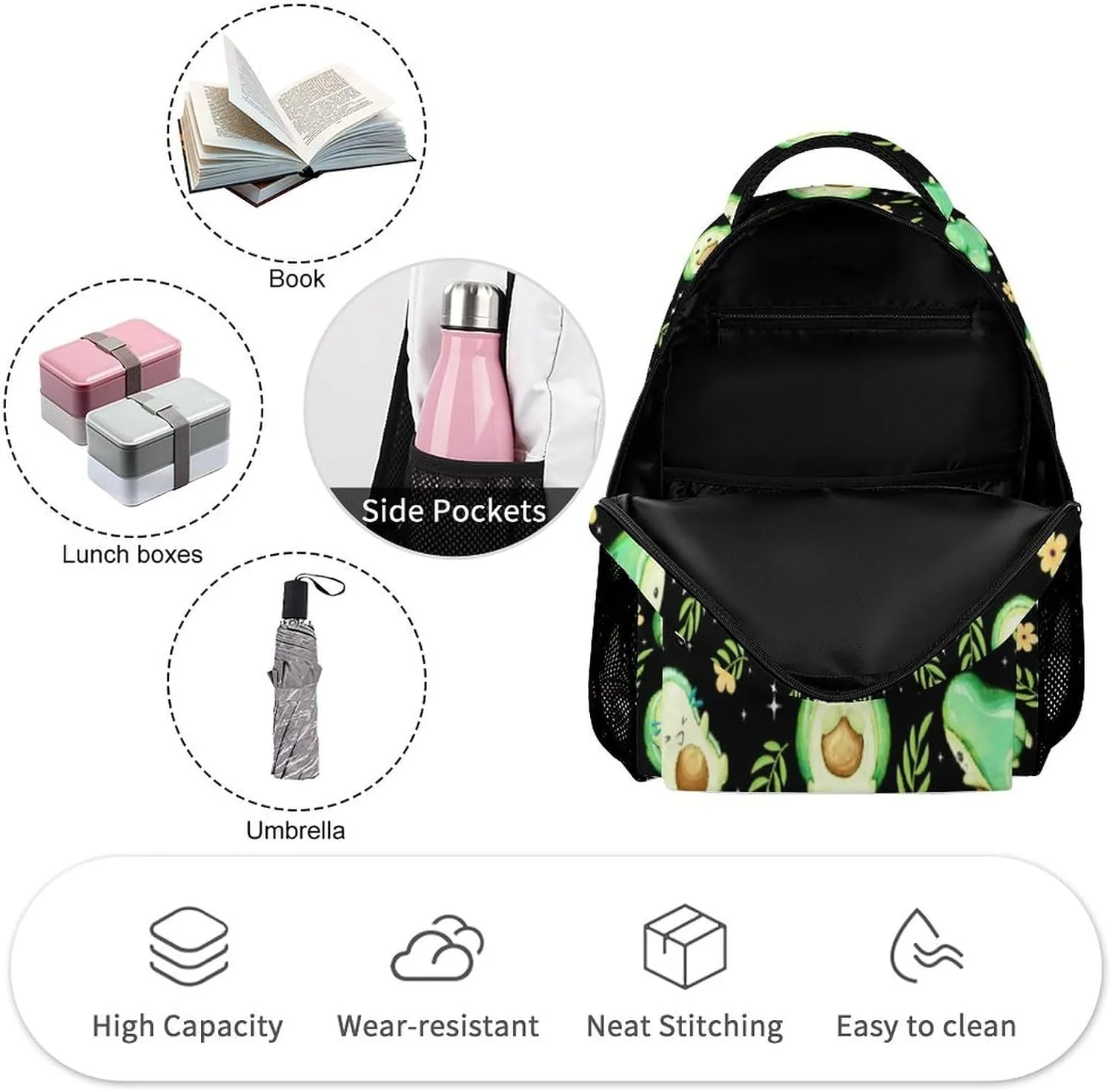 Avocado School Backpack for Kids Girls Boys, 16 Inch Cute Avocado Themed Bookbag, Personalized School Backpack for Students Children, Lightweight, Large Capacity