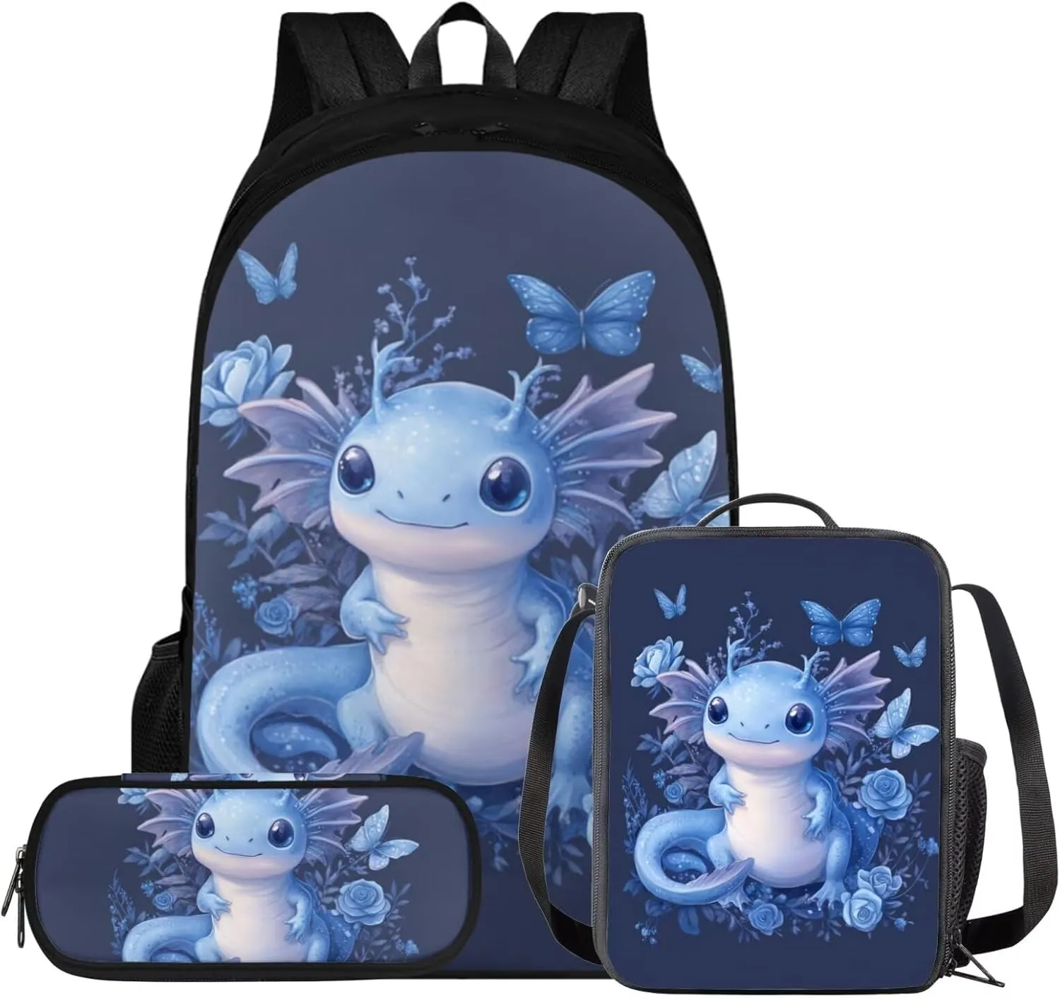 Axolotl Backpack for Little Girls Cartoon 3 Pcs Girls Book Bag Ages 6-8 Adorable Preschool Backpack and Lunchbox for Girls Travel Rucksack 5th Grade