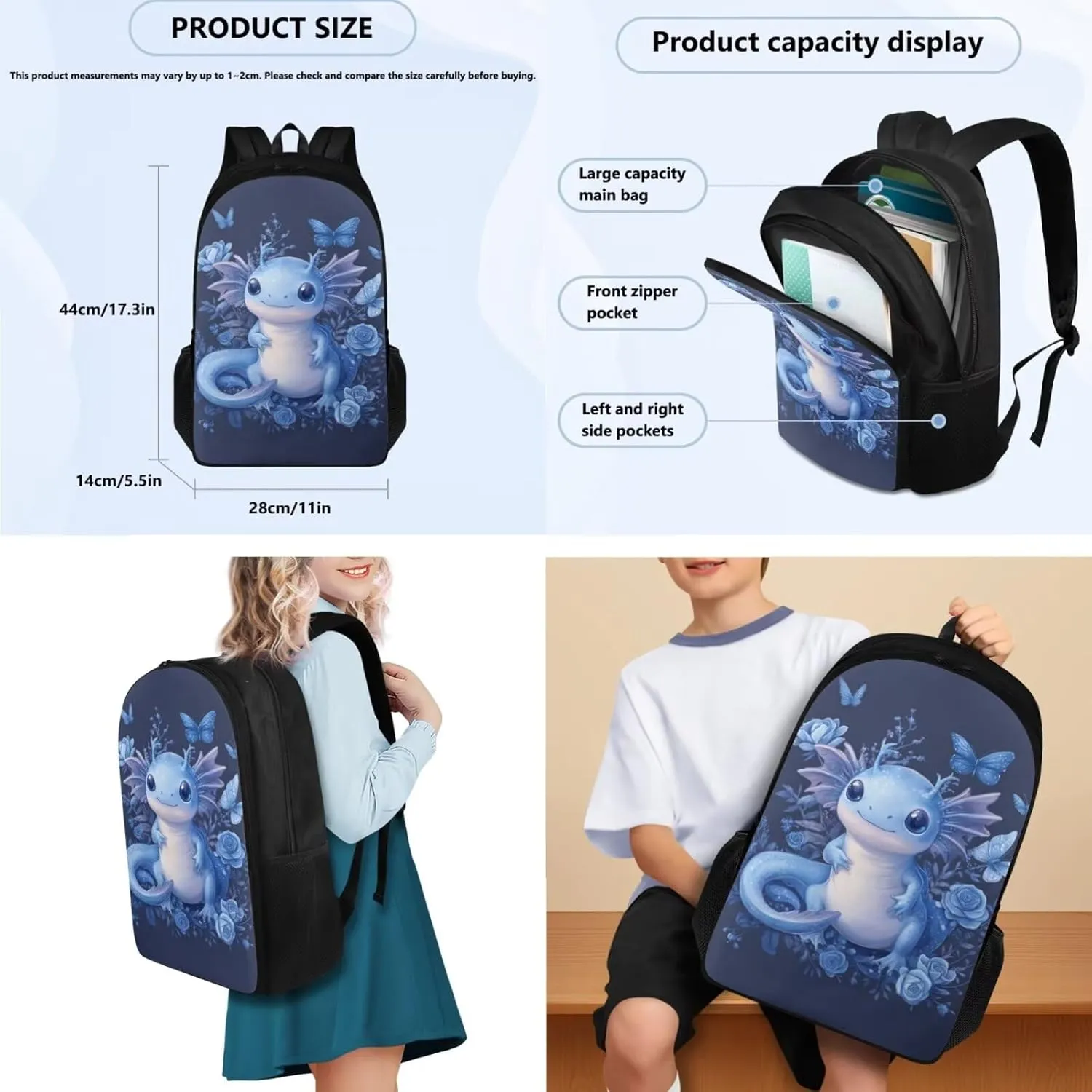 Axolotl Backpack for Little Girls Cartoon 3 Pcs Girls Book Bag Ages 6-8 Adorable Preschool Backpack and Lunchbox for Girls Travel Rucksack 5th Grade