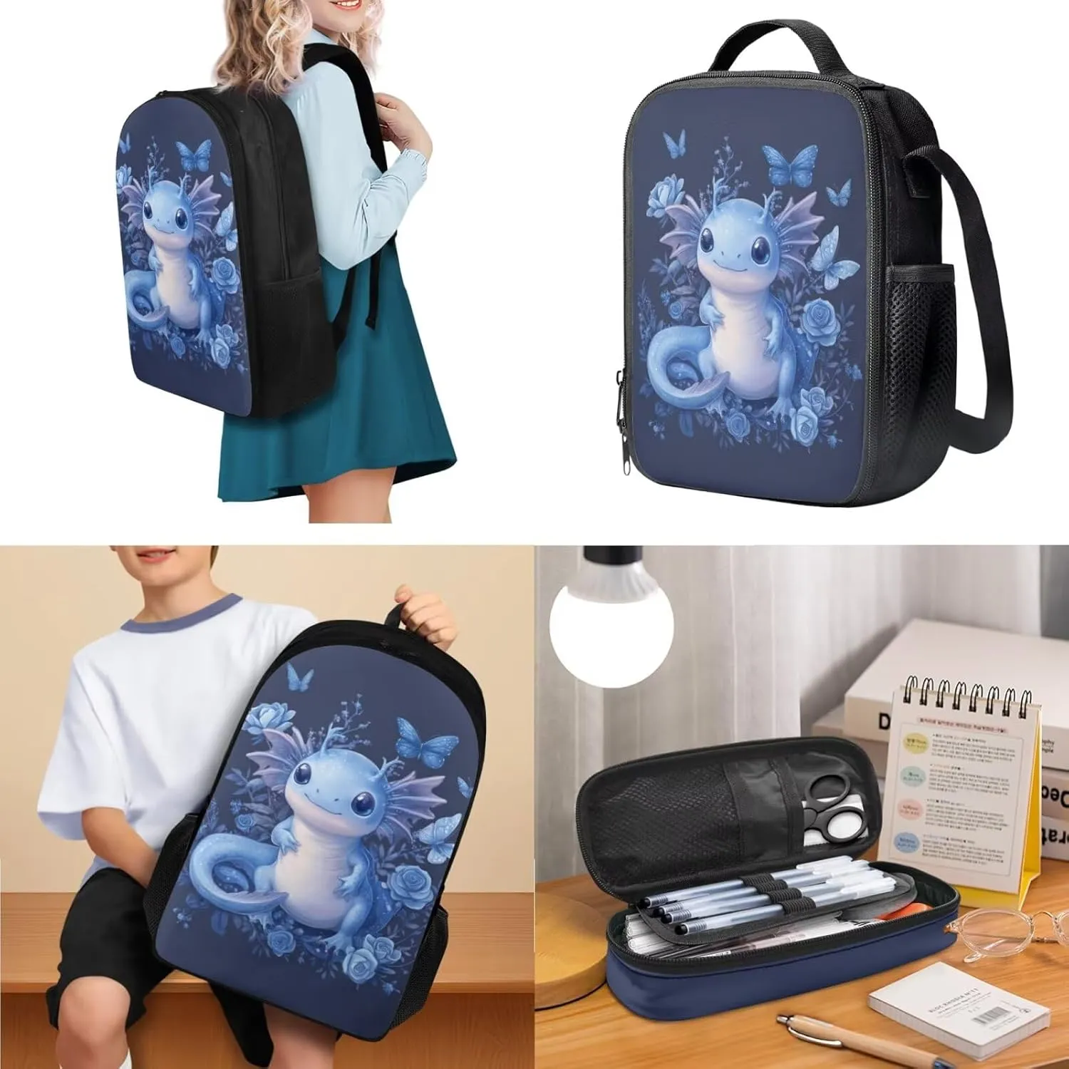 Axolotl Backpack for Little Girls Cartoon 3 Pcs Girls Book Bag Ages 6-8 Adorable Preschool Backpack and Lunchbox for Girls Travel Rucksack 5th Grade