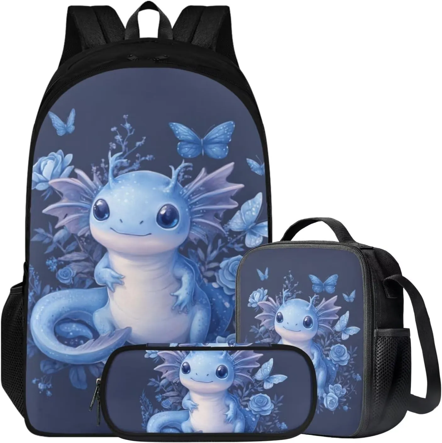Axolotl Backpack for Little Girls Cartoon 3 Pcs Girls Book Bag Ages 6-8 Adorable Preschool Backpack and Lunchbox for Girls Travel Rucksack 5th Grade