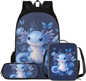 Axolotl Backpack for Little Girls Cartoon 3 Pcs Girls Book Bag Ages 6-8 Adorable Preschool Backpack and Lunchbox for Girls Travel Rucksack 5th Grade