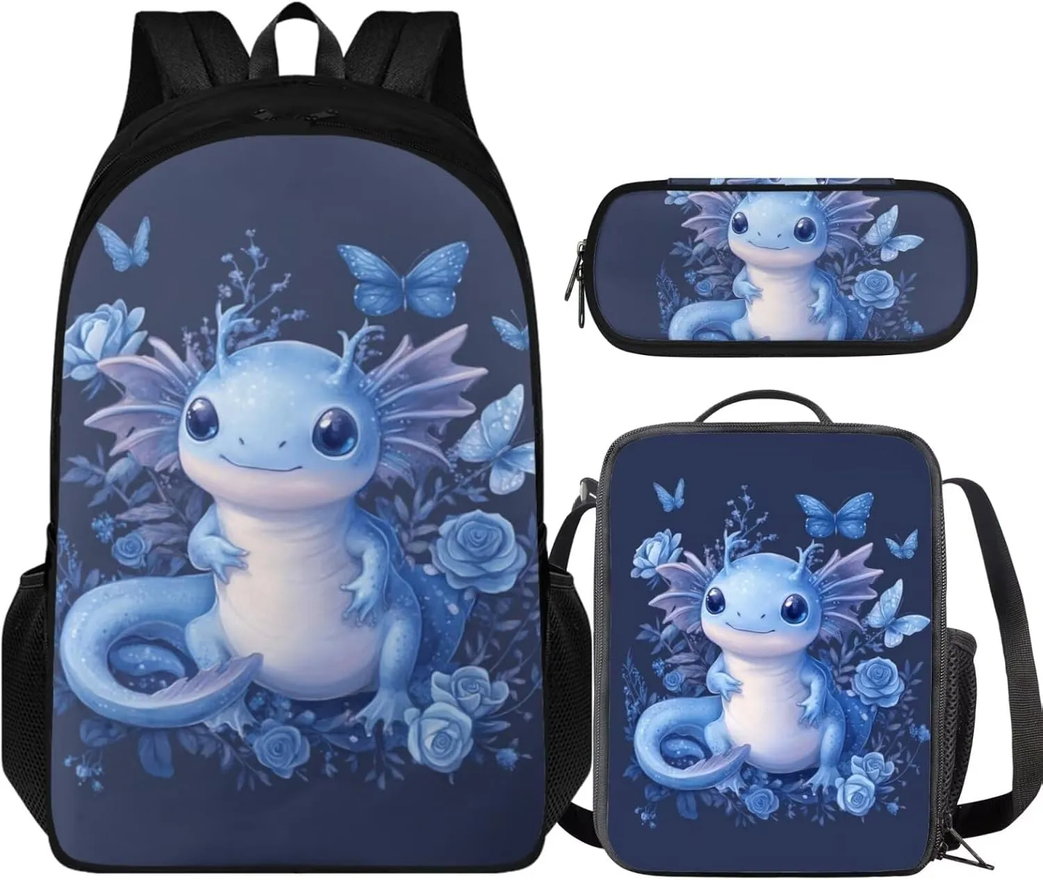 Axolotl Backpack for Little Girls Cartoon 3 Pcs Girls Book Bag Ages 6-8 Adorable Preschool Backpack and Lunchbox for Girls Travel Rucksack 5th Grade