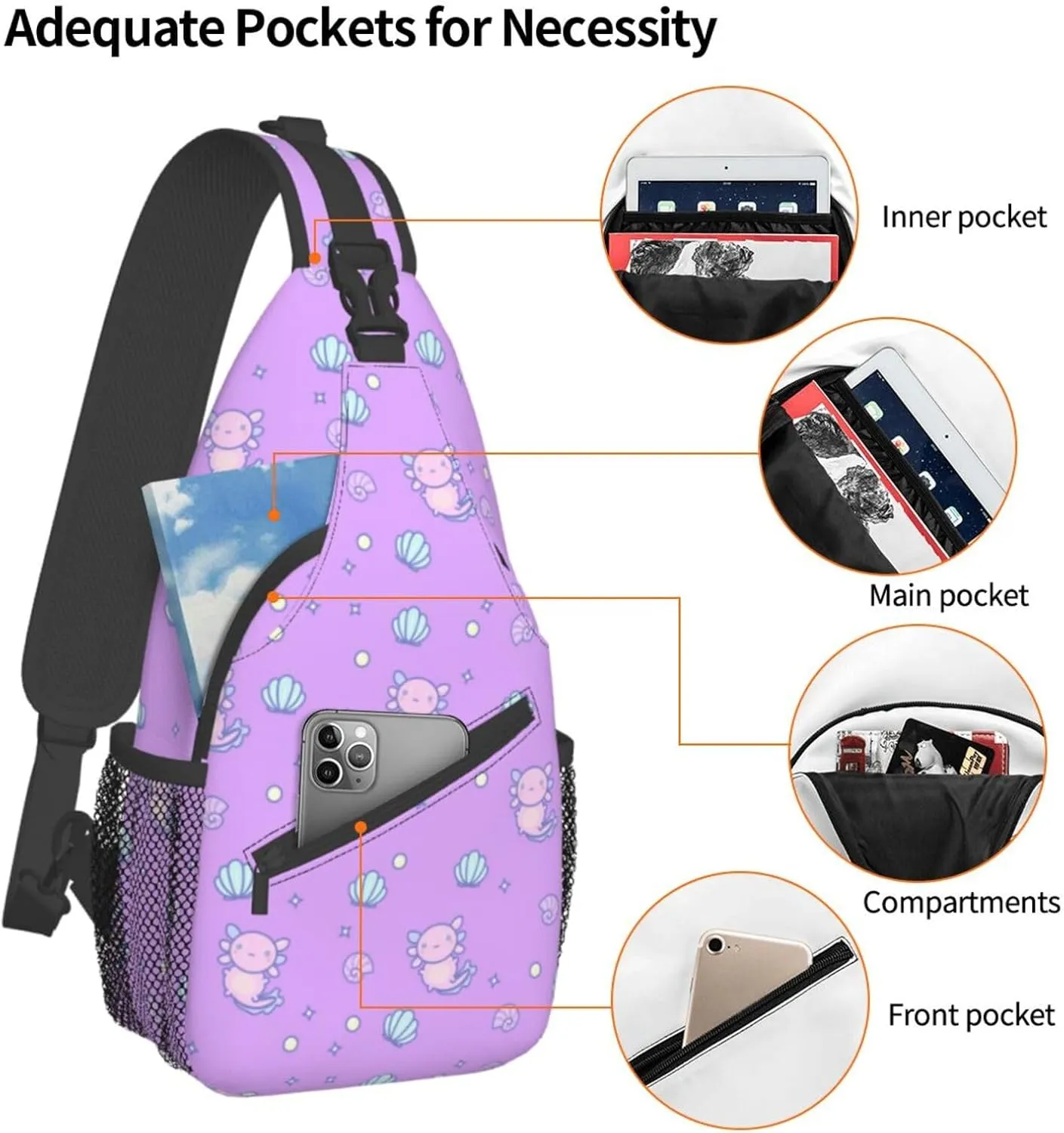 Axolotl Sling Backpack Chest Bag Crossbody Shoulder Bag Gym Cycling Travel Hiking Daypack For Men Women