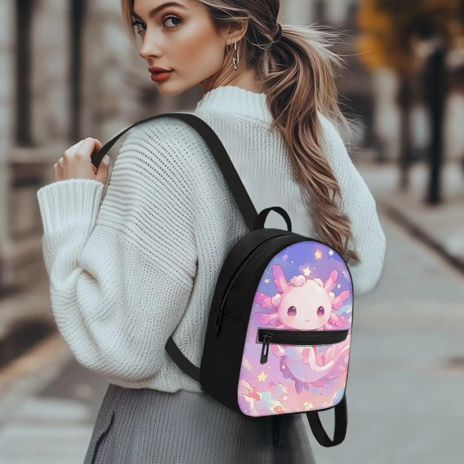 Axolotl Star Womens Cute Backpack Mini Travel Backpack Purse for Women Lightweight Travel Daypack Trip Shoulder Bag Casual Daypack Womens Adult Teen Cute Back Pack Handbag
