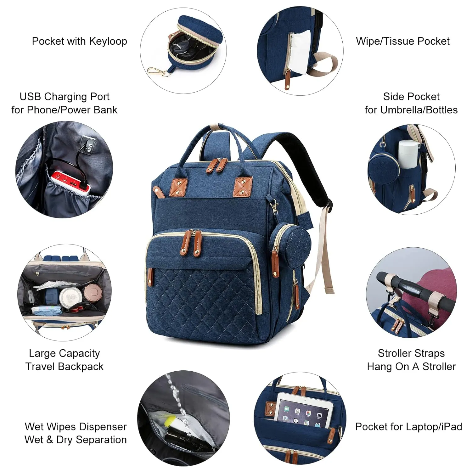 Baby Diaper Bag Backpack with Changing Station, Waterproof Baby Bags for Boys Girls, USB Charging Port, Baby Shower Gifts, Blue
