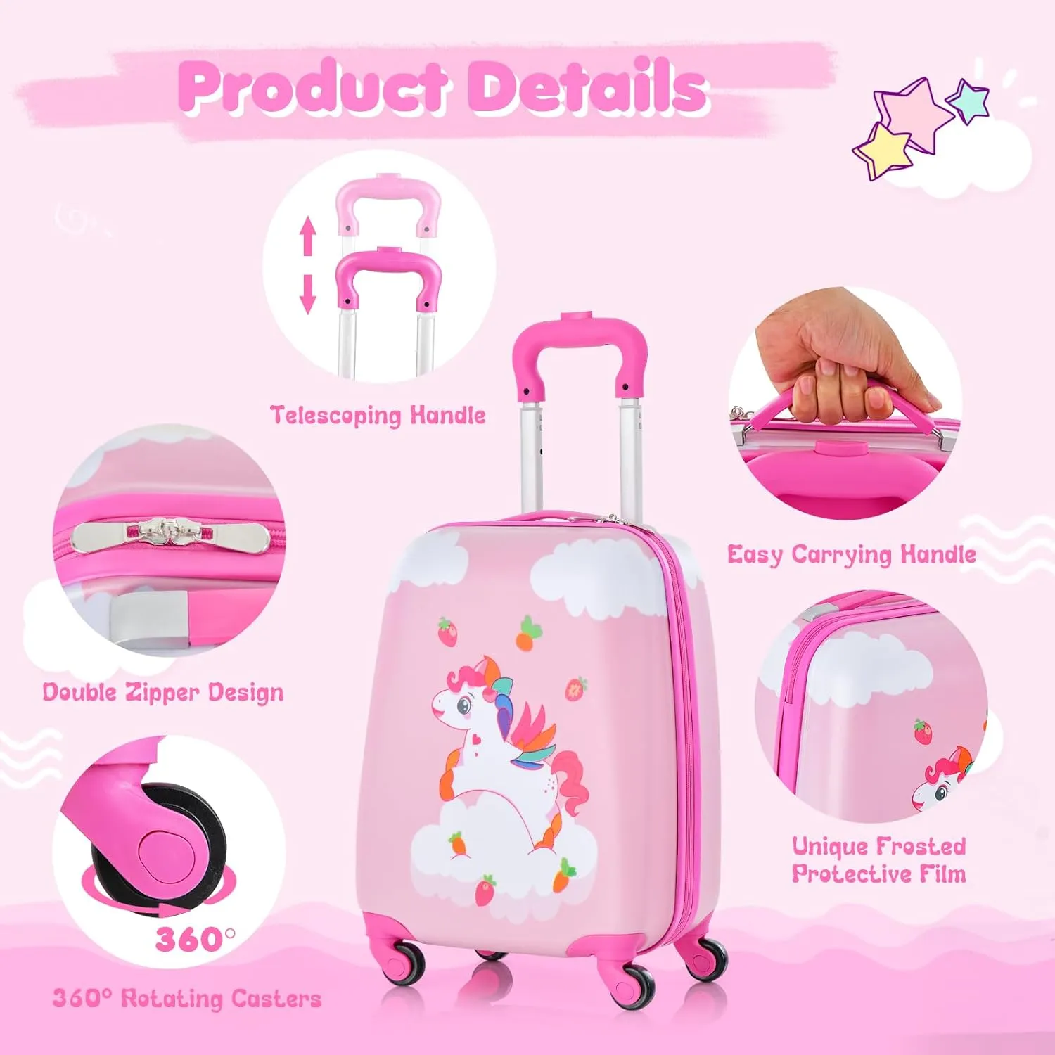 BABY JOY 2 Pcs Kids Luggage Set, 16" Toddlers Carry-on Suitcase & 12" Backpack Set, Children Travelling Case w/ 4 Casters, Retractable Handle, Lightweight Trolley Case for Girls Boys (Cloud Pony)