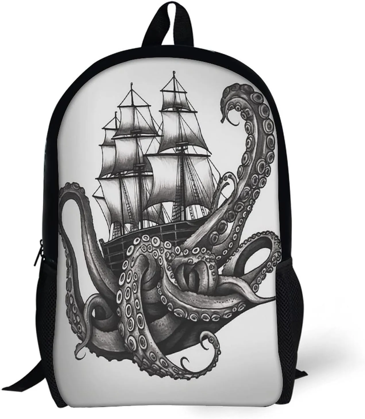 Backpack Black And White Octopus And Ship 17 Inch Travel Backpack, Large Hiking Bag Sports Picnic Camping Backpack