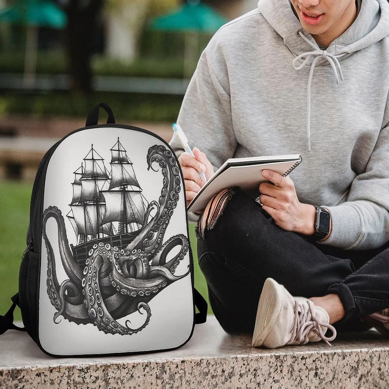 Backpack Black And White Octopus And Ship 17 Inch Travel Backpack, Large Hiking Bag Sports Picnic Camping Backpack