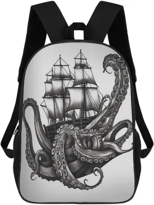 Backpack Black And White Octopus And Ship 17 Inch Travel Backpack, Large Hiking Bag Sports Picnic Camping Backpack