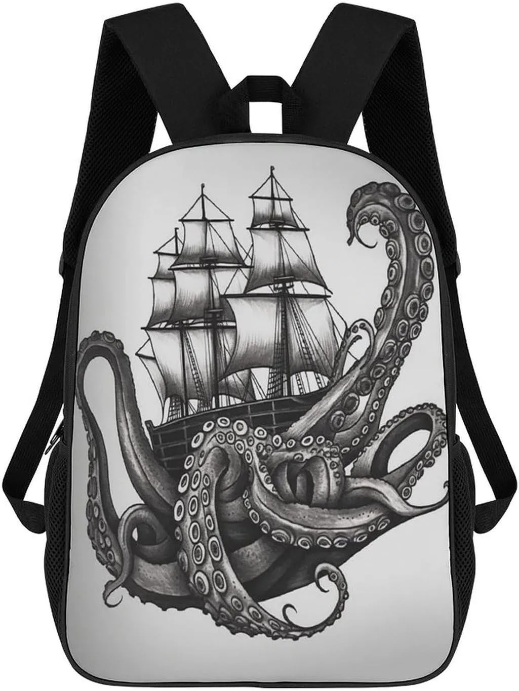 Backpack Black And White Octopus And Ship 17 Inch Travel Backpack, Large Hiking Bag Sports Picnic Camping Backpack
