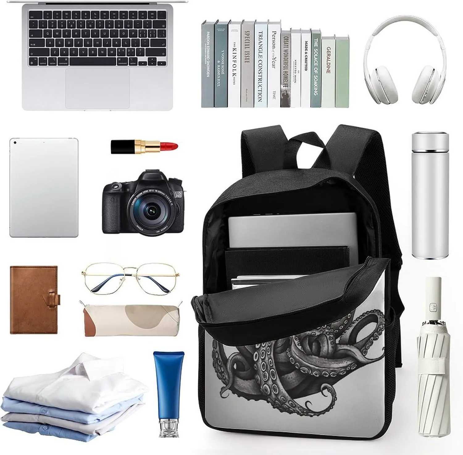 Backpack Black And White Octopus And Ship 17 Inch Travel Backpack, Large Hiking Bag Sports Picnic Camping Backpack