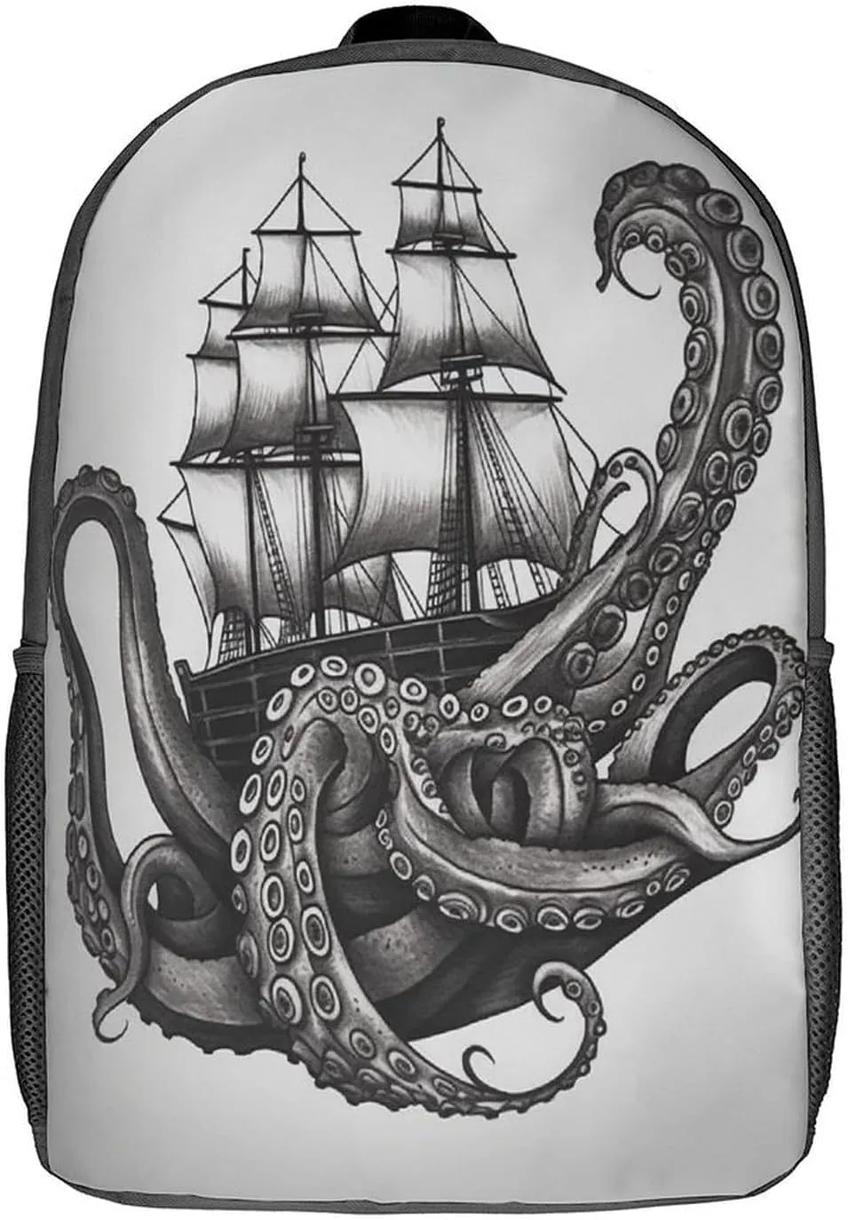 Backpack Black And White Octopus And Ship 17 Inch Travel Backpack, Large Hiking Bag Sports Picnic Camping Backpack