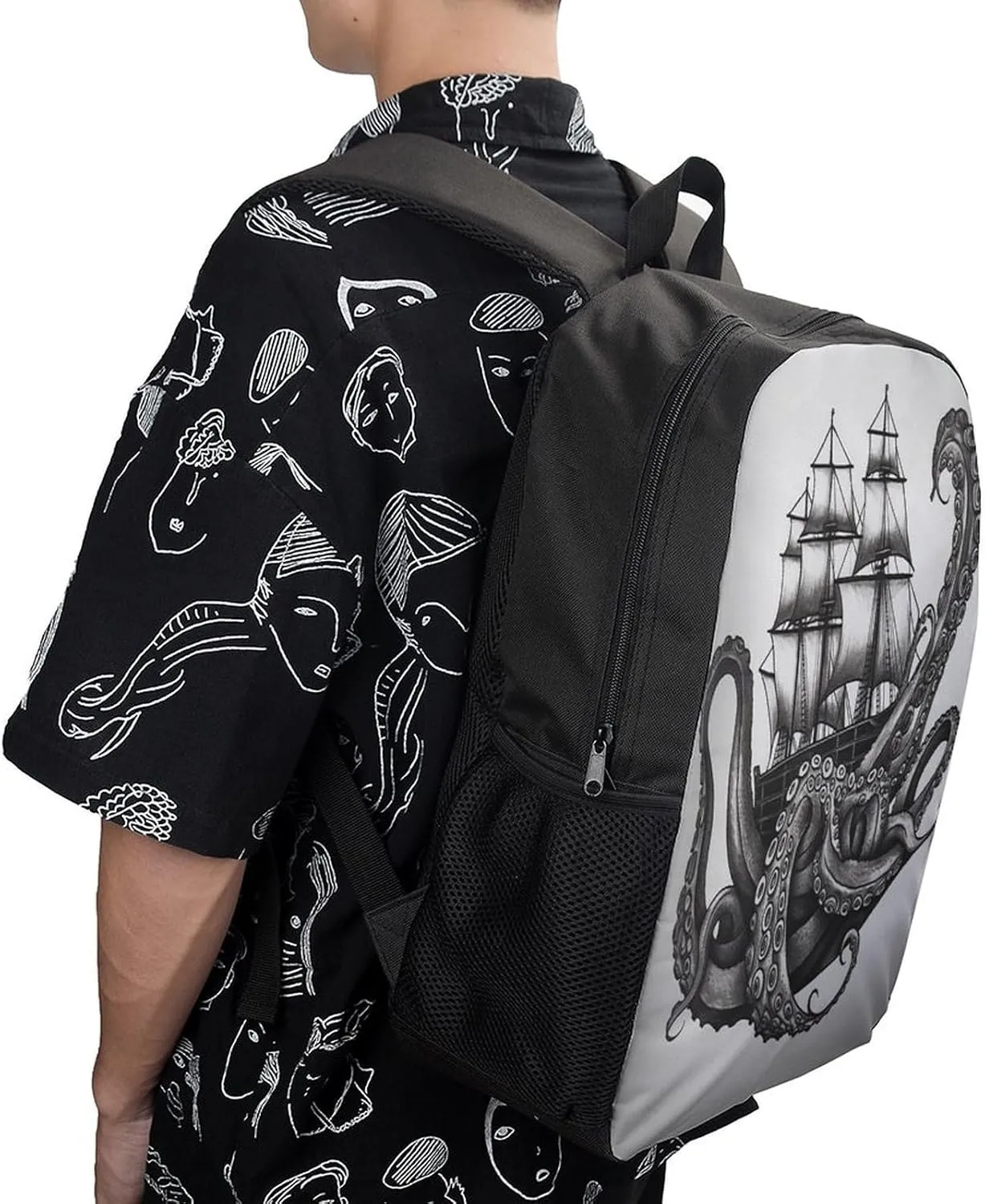 Backpack Black And White Octopus And Ship 17 Inch Travel Backpack, Large Hiking Bag Sports Picnic Camping Backpack
