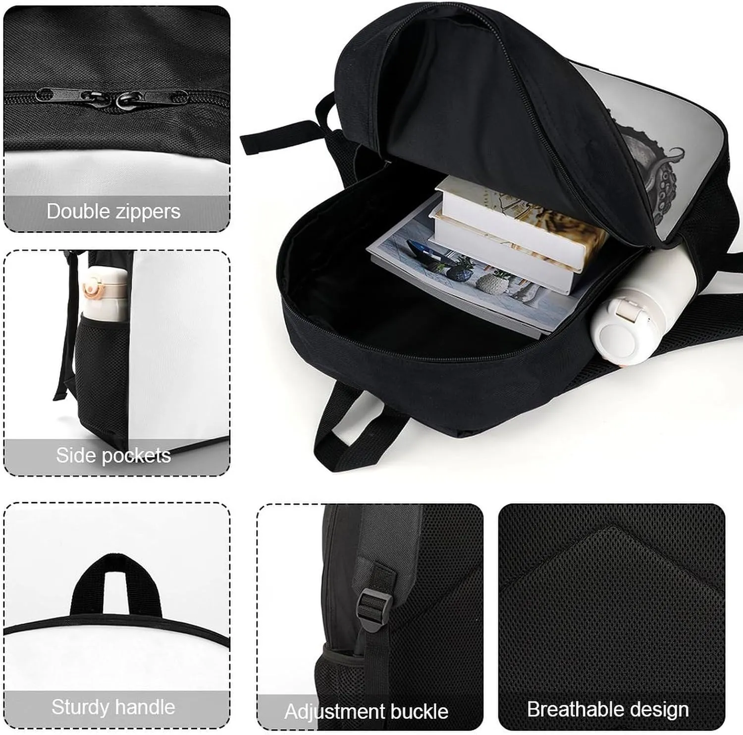 Backpack Black And White Octopus And Ship 17 Inch Travel Backpack, Large Hiking Bag Sports Picnic Camping Backpack