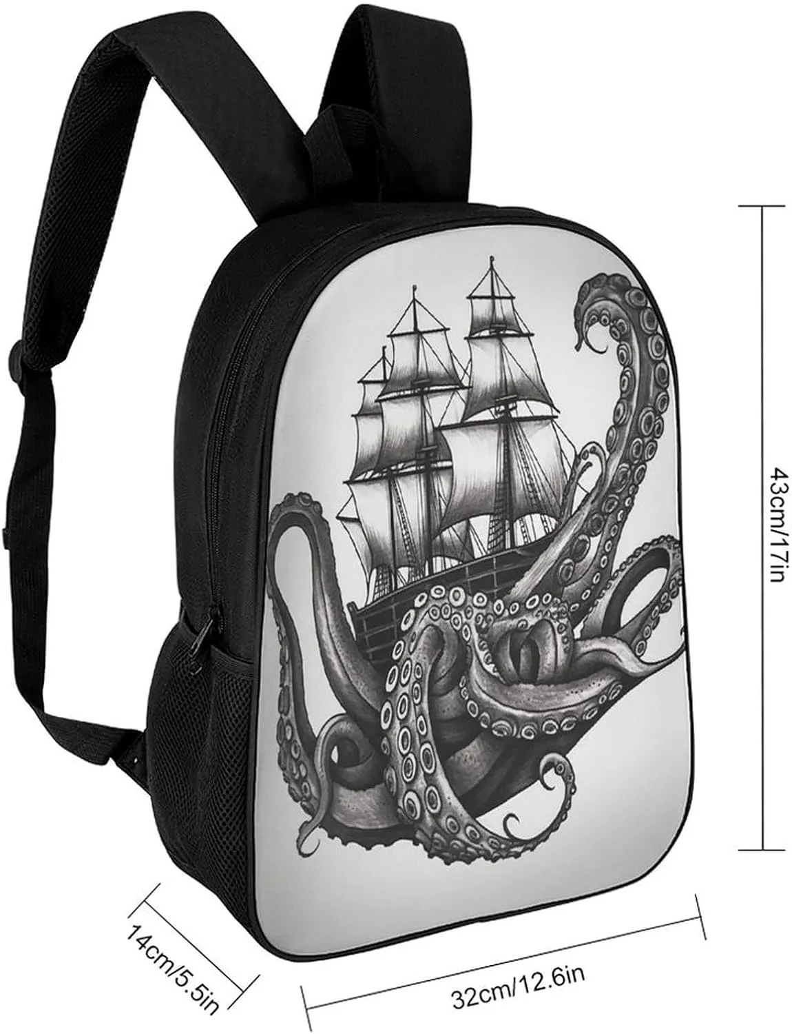 Backpack Black And White Octopus And Ship 17 Inch Travel Backpack, Large Hiking Bag Sports Picnic Camping Backpack