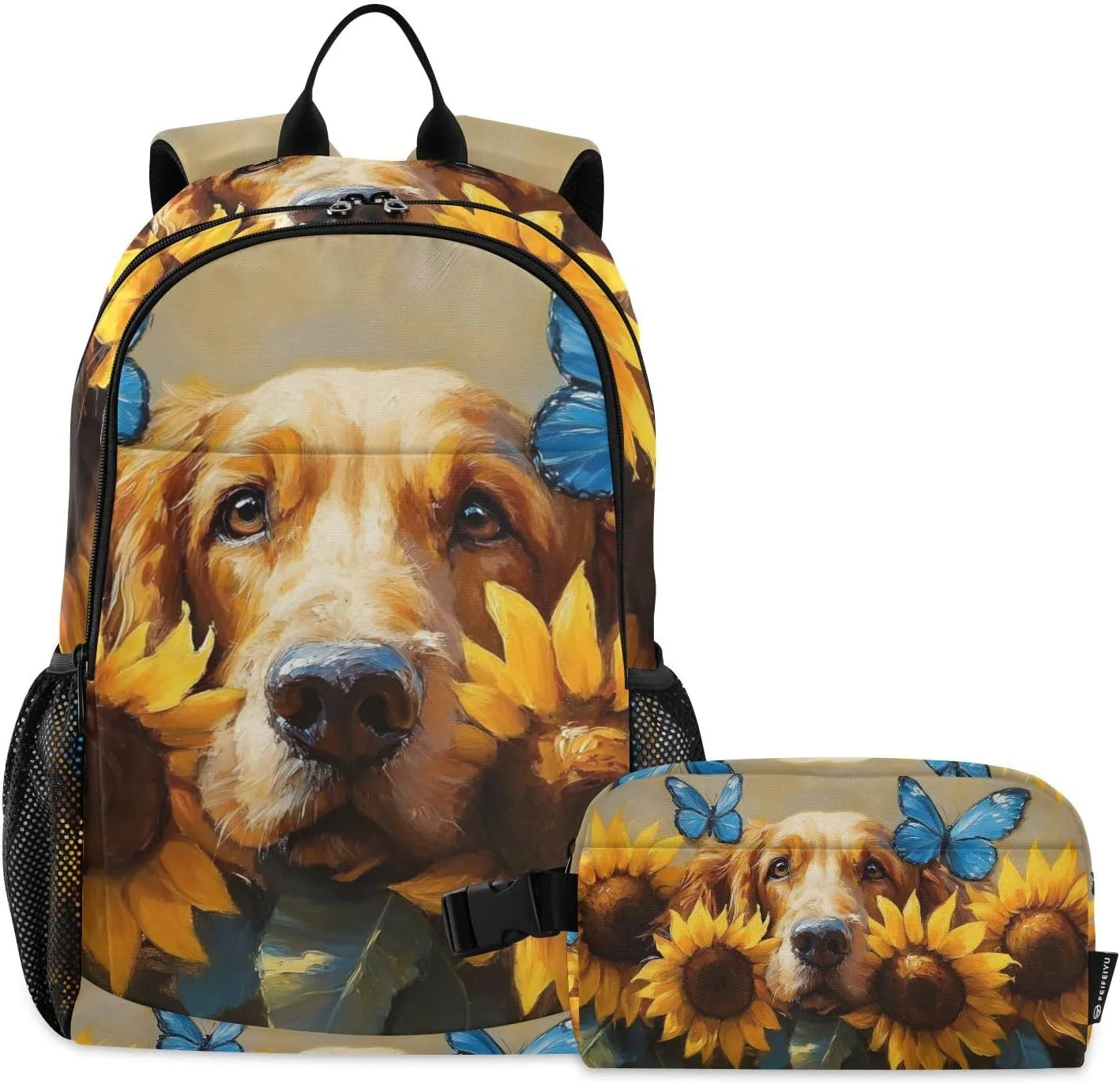 Backpack Bloodhound Dog Cute Sunflower for School Girls Boys, Backpack for Women Men, Lightweight Bookbag with Lunch Box Travel Laptop Daypack 18.5” x 11.8”
