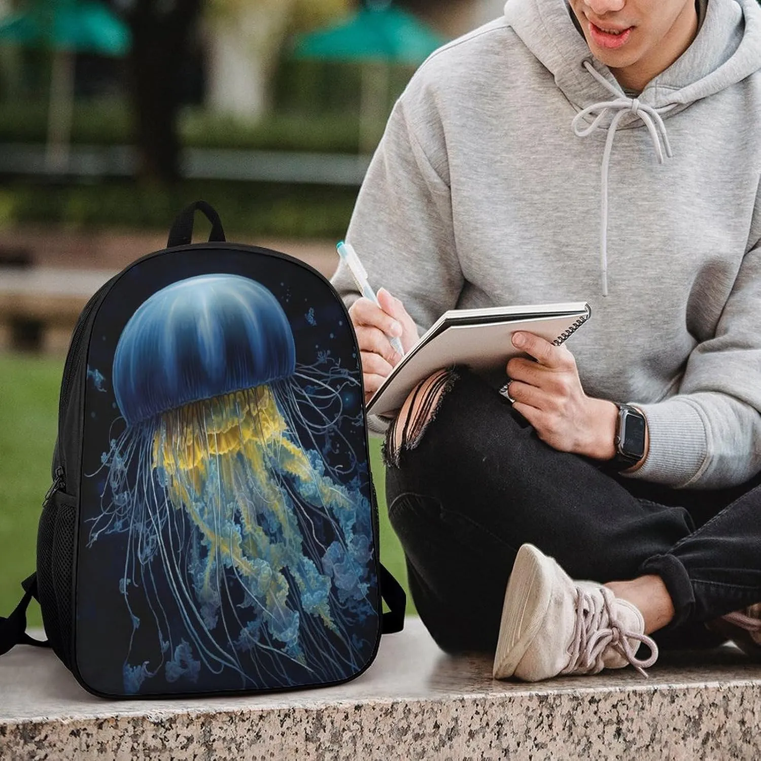 Backpack Blue And Gold Jellyfish 17 Inch Travel Backpack, Large Hiking Bag Sports Picnic Camping Backpack